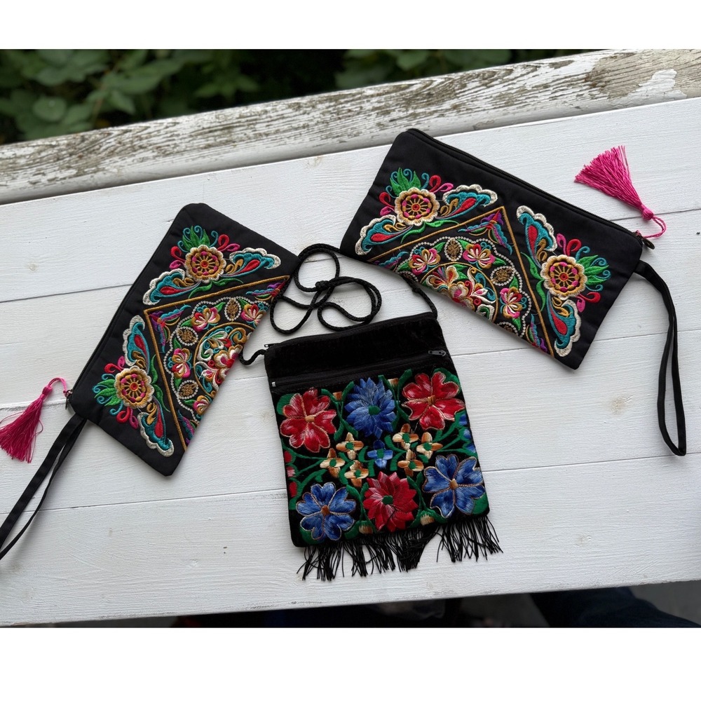 Lot of 3 Mexican Style Embroidered Bags Wristlets  Crossbody Boho